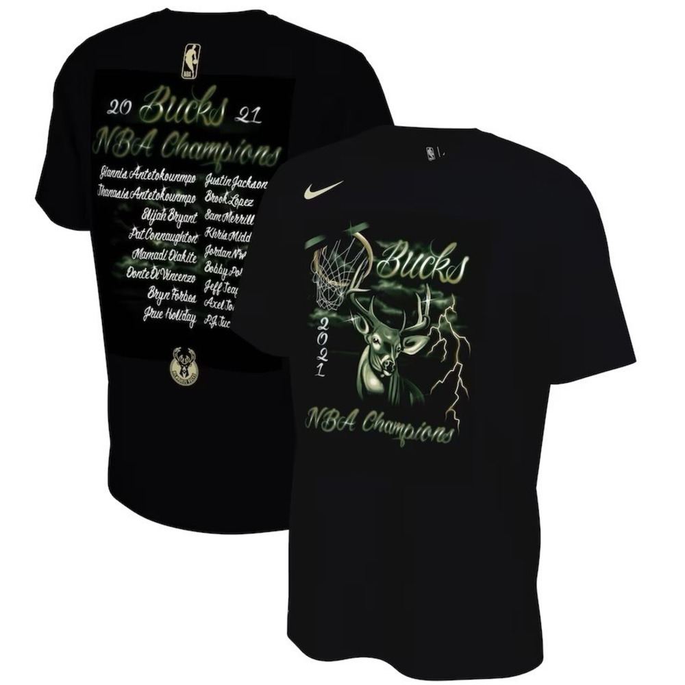 Nike Milwaukee Bucks Shirt Men Large‎ L Black Green Deer Lightning 2021 Champs